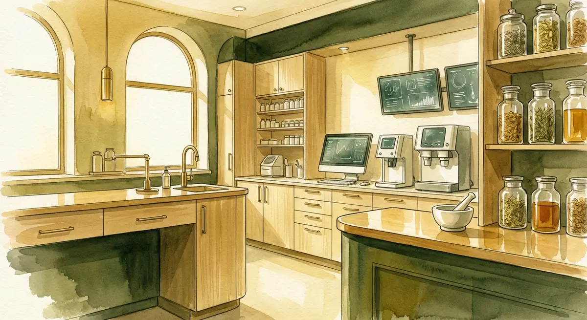 Ilustração representando a fusão de tradição farmacêutica e tecnologia moderna