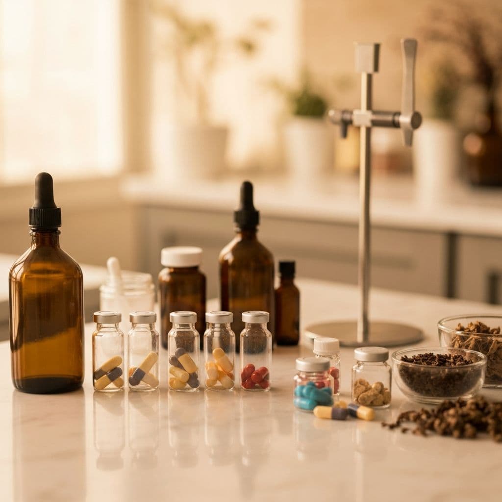 Medicamentos manipulados sendo preparados no laboratorio do Hervanario