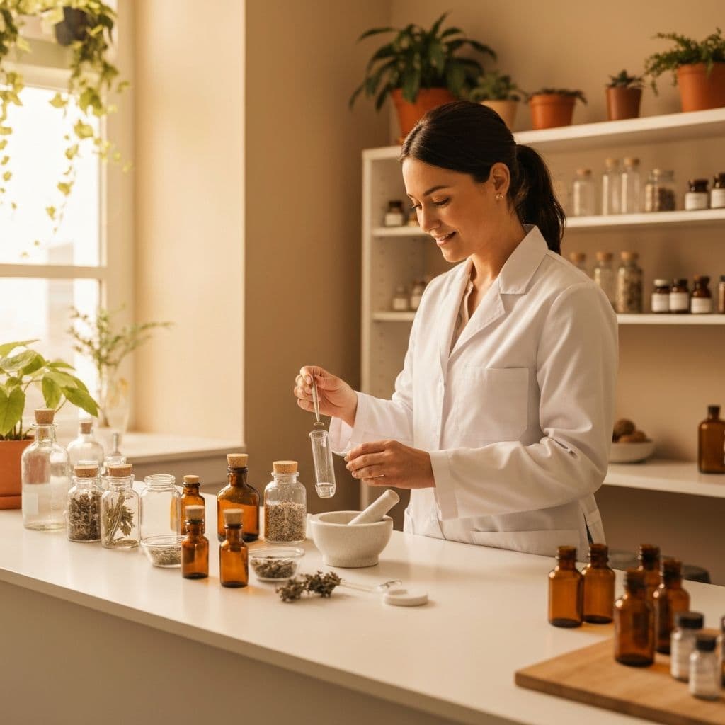 Farmaceutica especializada preparando medicamentos manipulados no laboratorio O Hervanario