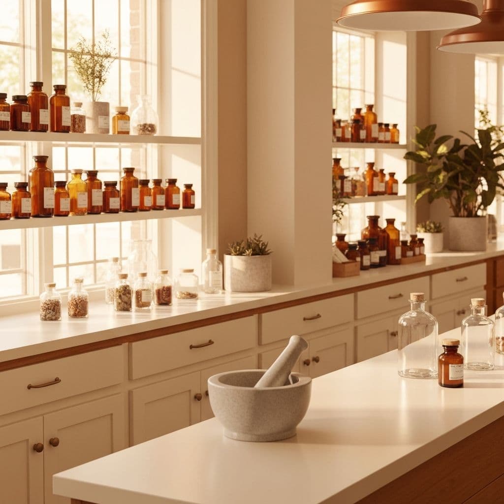 Interior do laboratorio de manipulacao O Hervanario com ingredientes naturais e equipamentos farmaceuticos